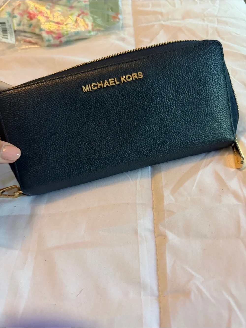 Michael Kors Black Pebbled Leather Wristlet Wallet with Gold Hardware